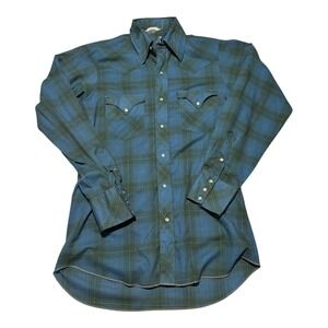 Vintage Sears Western Blue/Green Pearl Snap Plaid Lightweight Shirt Men's Medium